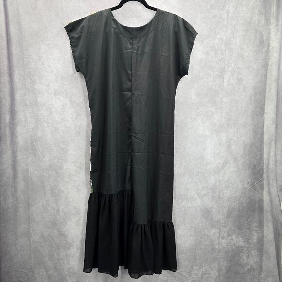 Takaya Siam Black Short Sleeve Maxi Feather Print Sheer Ruffle Dress Medium - Picture 2 of 8